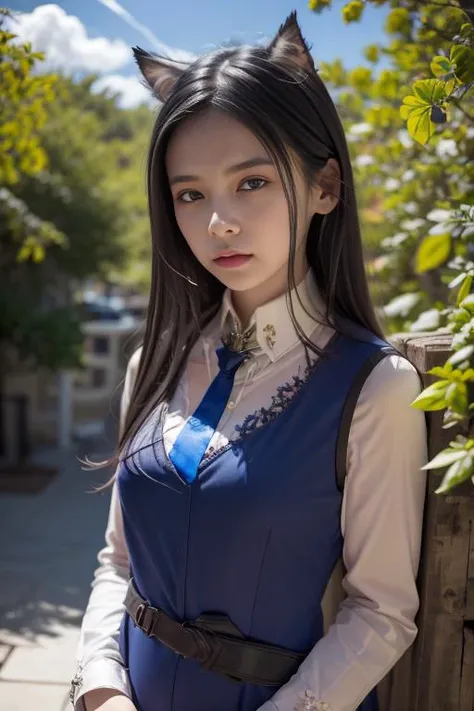 {an extremely delicate and beautiful girl}, cg 8k wallpaper, masterpiece, cold expression, handsome, medium breastsupper body, looking at viewer, school uniform, sailor suit,serafuku, messy long hair, big eyes, beautiful detailed eyes {{a black cross hairpin}}, handsome,Hair glows,dramatic angle,, (8k, RAW photo, highly sensitive, best quality, masterpiece, ultra high res, photorealistic:1.25), upper body, dog ears, night, raining, walking, city light,