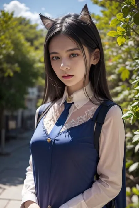 {an extremely delicate and beautiful girl}, cg 8k wallpaper, masterpiece, cold expression, handsome, medium breastsupper body, looking at viewer, school uniform, sailor suit,serafuku, messy long hair, big eyes, beautiful detailed eyes {{a black cross hairpin}}, handsome,Hair glows,dramatic angle,, (8k, RAW photo, highly sensitive, best quality, masterpiece, ultra high res, photorealistic:1.25), upper body, dog ears, night, raining, walking, city light,