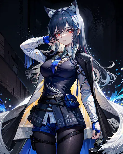 masterpiece,best quality,ultra-detailed,very detailed illustrations,extremely detailed,intricate details,highres,super complex details,extremely detailed 8k cg wallpaper,cowboy shot, caustics,reflection,ray tracing,demontheme,nebula,dark aura,cyber effect, (1girl:1.4),solo,alone, headgear,intricate bodysuit, corset, kimono, full armor, long hair,white hair, hair, hair between eyes, multicolored hair, colored inner hair, red eyes,glowing eye,eye trail, random expressions,random action, ancient japanese architecture,pond, starry sky,skyline,white cope, 5fingers,