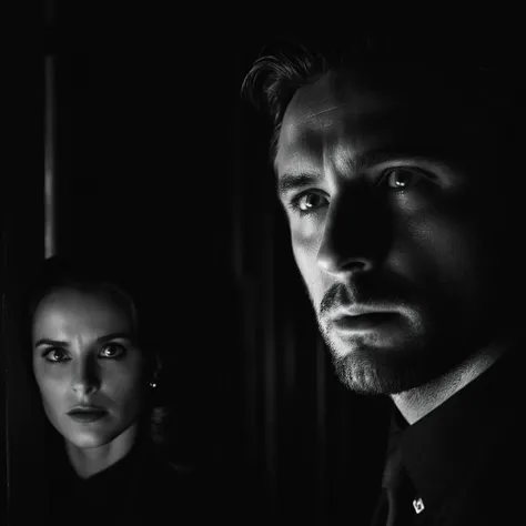 cinematic film still of  <lora:Split Diopter style:1>
From above, Split image focus of a closeup of a man is looking up at something with a woman in the background at door steps in a dark dim room in a scene from a film noir movie,Split Diopter style,solo,looking at viewer,1boy,monochrome,greyscale,shadow,black background,dark,eye focus,nearsighted,farsighted,split,split focus,focus,sharp focus,deep focus,Split focus,split screen , artistic, Kodak, dramatic light, dramatic shadow light, contrast, saturated color, cinematic, filmic, motion picture, realistic, realism, perfection, perfect, deep focus, clean image, wide screen, detailed image, cinematic, deep space composition, shallow depth of field, vignette, highly detailed, high budget, bokeh, cinemascope, moody, epic, gorgeous, film grain, grainy