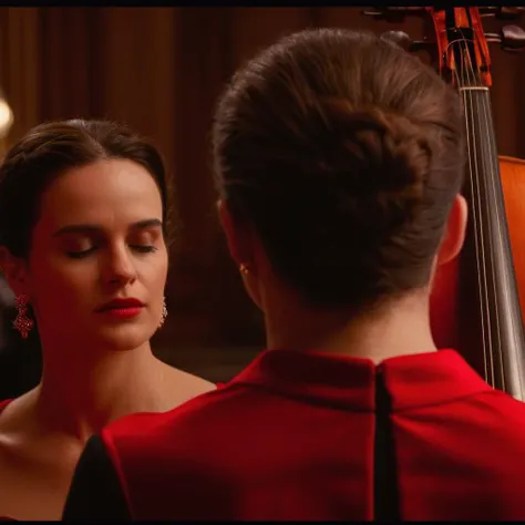 cinematic film still of <lora:Split Diopter style:1>
Split image focus of closeup of a man's back head is looking at a woman in a red dress playing a cello,Split Diopter style,1girl,solo,short hair,brown hair,black hair,dress,jewelry,closed eyes,red dress,instrument,music,playing instrument,violin,bow (music),nearsighted,farsighted,split,split focus,focus,sharp focus,deep focus,Split focus,split screen , artistic, Kodak, dramatic light, dramatic shadow light, contrast, saturated color, cinematic, filmic, motion picture, realistic, realism, perfection, perfect, deep focus, clean image, wide screen, detailed image, cinematic, deep space composition, shallow depth of field, vignette, highly detailed, high budget, bokeh, cinemascope, moody, epic, gorgeous, film grain, grainy
