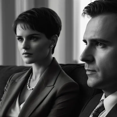 cinematic film still of <lora:Split Diopter style:1>
Split image focus of closeup of a man looking at something next to a woman sitting on a couch,Split Diopter style,1girl,short hair,shirt,1boy,dress,holding,jewelry,sitting,monochrome,greyscale,necktie,collared shirt,indoors,window,formal,suit,lamp,very short hair,nearsighted,farsighted,split,split focus,focus,sharp focus,deep focus,Split focus,split screen , artistic, Kodak, dramatic light, dramatic shadow light, contrast, saturated color, cinematic, filmic, motion picture, realistic, realism, perfection, perfect, deep focus, clean image, wide screen, detailed image, cinematic, deep space composition, shallow depth of field, vignette, highly detailed, high budget, bokeh, cinemascope, moody, epic, gorgeous, film grain, grainy