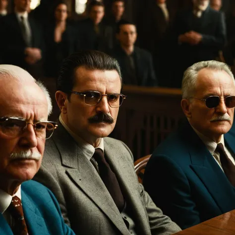 cinematic film still of <lora:Split Diopter style:1>
Split image focus of closeup of profile view of three old men sitting at a court table with glasses on next to other group people in background,Split Diopter style,brown hair,shirt,black hair,male focus,multiple boys,necktie,glasses,facial hair,formal,sunglasses,suit,6+boys,realistic,mustache,bald,old,old man,nearsighted,farsighted,split,split focus,focus,sharp focus,deep focus,Split focus,split screen , artistic, Kodak, dramatic light, dramatic shadow light, contrast, saturated color, cinematic, filmic, motion picture, realistic, realism, perfection, perfect, deep focus, clean image, wide screen, detailed image, cinematic, deep space composition, shallow depth of field, vignette, highly detailed, high budget, bokeh, cinemascope, moody, epic, gorgeous, film grain, grainy