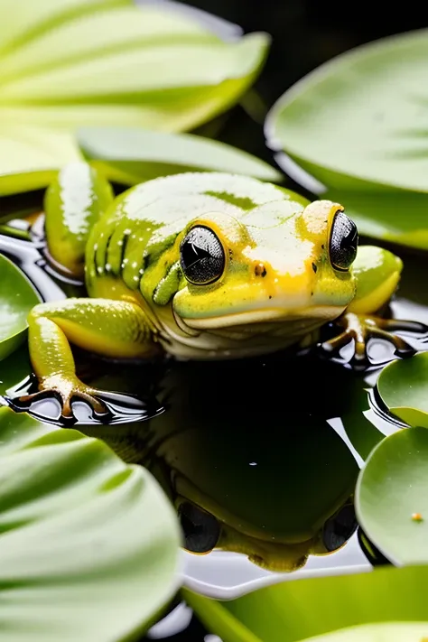 (64k, hdr, uhd) photo of a blue green frog sitting on a lily pad.