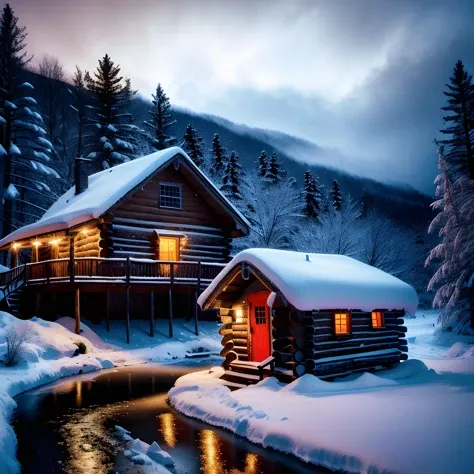 (64k, hdr, uhd) photo of a blizzard in a forest with a log cabin and a creek.