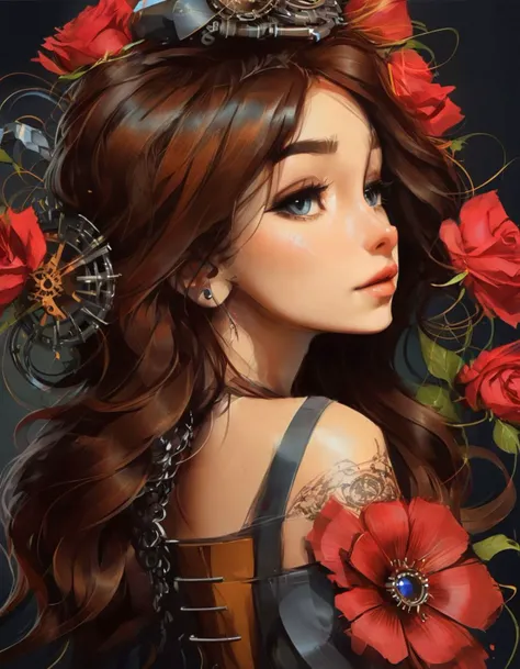 samdoesarts style Charlie Bowater realistic Lithography sketch portrait of a woman, flowers, [gears], pipes, dieselpunk, multi-colored ribbons, old paper texture, highly detailed  <lora:samdoesart_xl_v4:1.0>