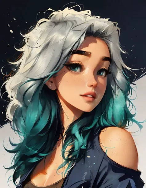samdoesarts style award winning half body portrait of a woman in a croptop and cargo pants with ombre navy blue teal hairstyle with head in motion and hair flying, paint splashes, splatter, outrun, vaporware, shaded flat illustration, digital art, trending on artstation, highly detailed, fine detail, intricate <lora:samdoesart_xl_v4:1.0>
