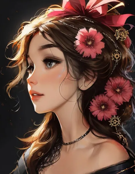 samdoesarts style Charlie Bowater realistic Lithography sketch portrait of a woman, flowers, [gears], pipes, dieselpunk, multi-colored ribbons, old paper texture, highly detailed  <lora:samdoesart_xl_v4:1.0>