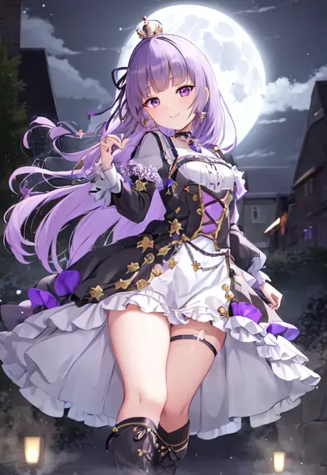 hikami smire<lora:hikami smire_v1:0.8>,hair ribbon,purple hair,blunt bangs,
crown,jacket,black jacket,knee boots,black purple skirt,white legwear,choker, black footwear, boots, choker, dress, flower, full body, full moon, jewelry, looking at viewer, moon, night, night sky, sky, smile, standing,thigh strap, watermark, code 2,, ((masterpiece,highres)),