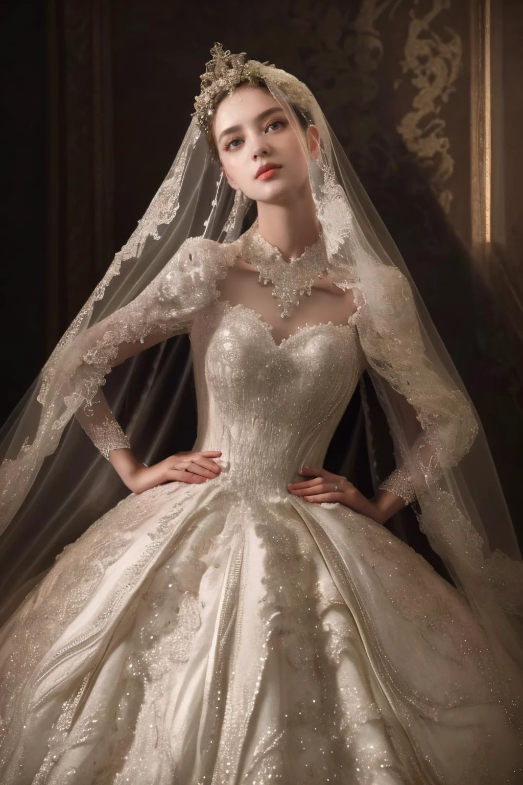 1girl,solo,medium breasts,outdoors,<lora:GoodHands-beta2:1>,standing,(full body:1.3),<lora:0257 castle style wedding dress_v2:0.9>,ruanyi0257,bridal veil,lace-trimmed dress,wedding dress,white dress,bride,, detailed eyes, (detailed face), (portrait), (head tilt up),
(((Call of Beauty, marvellous art,
wonderful colours))) ,((natural lighting)), ((splendid scene)) ,(((realistic))) , (masterpiece, best quality), intricate details, realistic, photorealistic, flawless structure, masterpiece, (portrait), natural skin,detailed skin pores (long hair), oiled skin, subsurface scattering, shot with cinematic camera, soft lighting, high quality, best quality, masterpiece, best picture, lovely, stunning