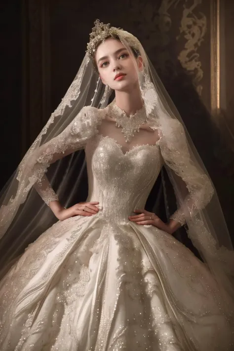 1girl,solo,medium breasts,outdoors,<lora:GoodHands-beta2:1>,standing,(full body:1.3),<lora:0257 castle style wedding dress_v2:0.9>,ruanyi0257,bridal veil,lace-trimmed dress,wedding dress,white dress,bride,, detailed eyes, (detailed face), (portrait), (head tilt up), 
(((Call of Beauty, marvellous art, 
wonderful colours))) ,((natural lighting)), ((splendid scene)) ,(((realistic))) , (masterpiece, best quality), intricate details, realistic, photorealistic, flawless structure, masterpiece, (portrait), natural skin,detailed skin pores (long hair), oiled skin, subsurface scattering, shot with cinematic camera, soft lighting, high quality, best quality, masterpiece, best picture, lovely, stunning