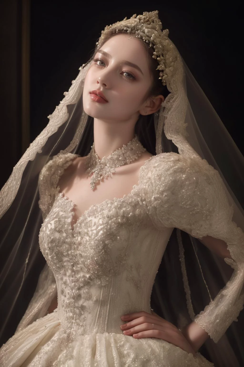 1girl,solo,medium breasts,outdoors,<lora:GoodHands-beta2:1>,standing,(full body:1.3),<lora:0257 castle style wedding dress_v2:0.9>,ruanyi0257,bridal veil,lace-trimmed dress,wedding dress,white dress,bride,, detailed eyes, (detailed face), (portrait), (head tilt up),
(((Call of Beauty, marvellous art,
wonderful colours))) ,((natural lighting)), ((splendid scene)) ,(((realistic))) , (masterpiece, best quality), intricate details, realistic, photorealistic, flawless structure, masterpiece,, natural skin,detailed skin pores (long hair), oiled skin, subsurface scattering, shot with cinematic camera, soft lighting, high quality, best quality, masterpiece, best picture, lovely, stunning