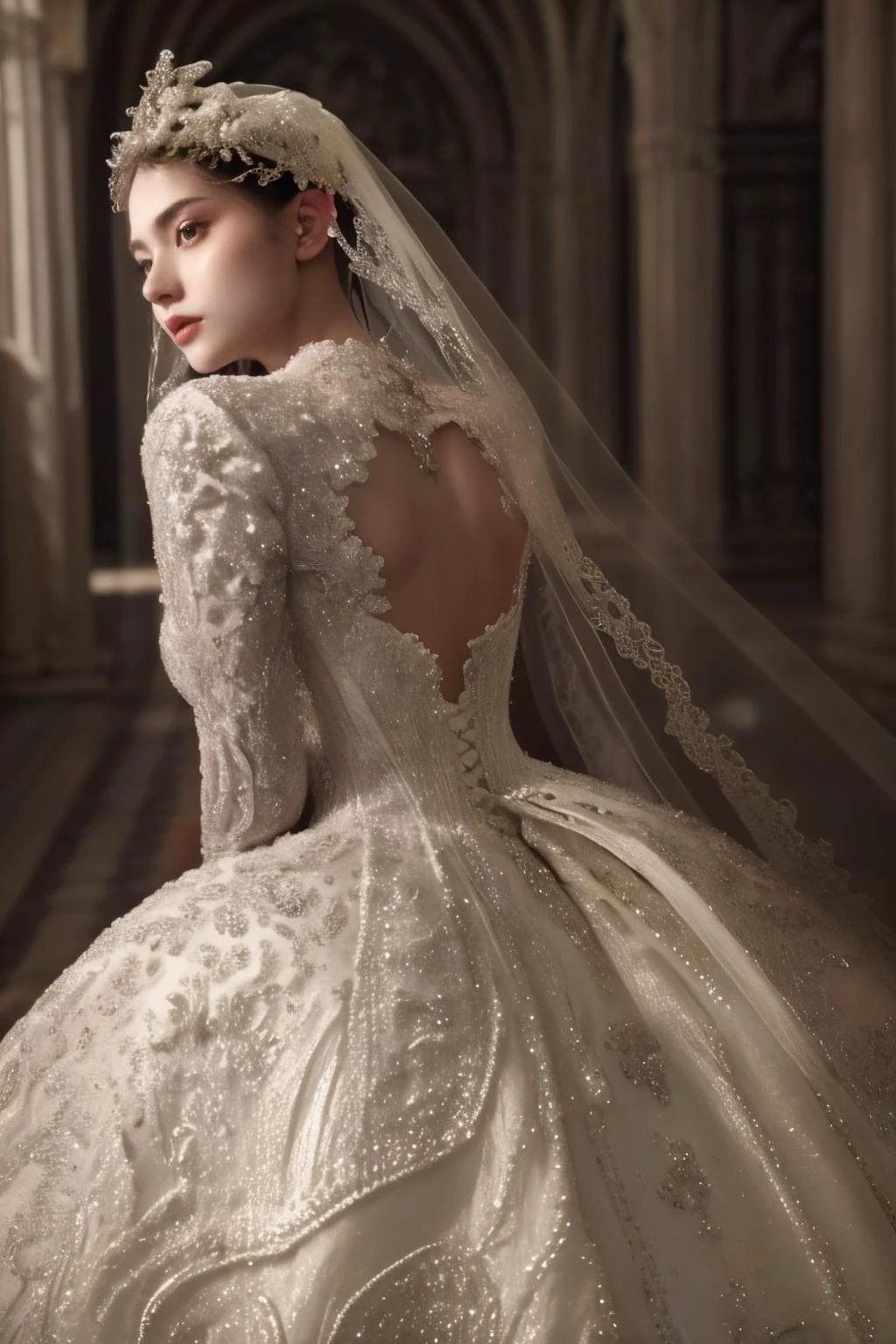 1girl,solo,medium breasts,outdoors,<lora:GoodHands-beta2:1>,standing,(full body:1.3),(from behind:1.1),<lora:0257 castle style wedding dress_v2:0.9>,ruanyi0257,bridal veil,lace-trimmed dress,wedding dress,white dress,bride,, detailed eyes, (detailed face), (portrait), (head tilt up),
(((Call of Beauty, marvellous art,
wonderful colours))) ,((natural lighting)), ((splendid scene)) ,(((realistic))) , (masterpiece, best quality), intricate details, realistic, photorealistic, flawless structure, masterpiece, (portrait), natural skin,detailed skin pores (long hair), oiled skin, subsurface scattering, shot with cinematic camera, soft lighting, high quality, best quality, masterpiece, best picture, lovely, stunning