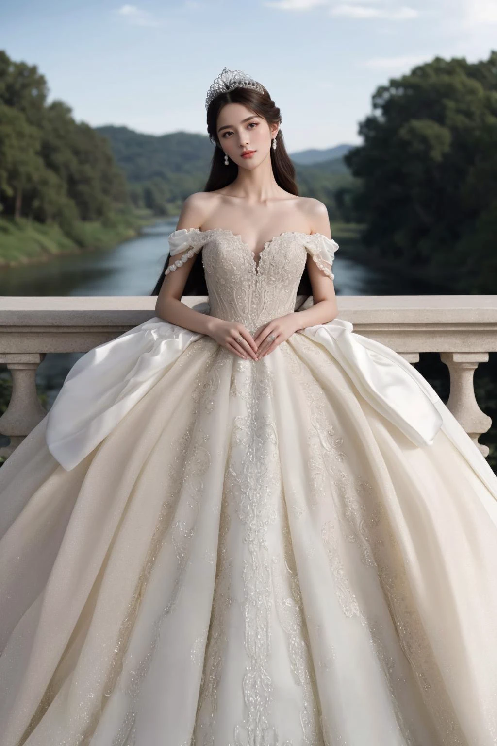 1girl,solo,medium breasts,outdoors,<lora:GoodHands-beta2:1>,standing,(full body:1.3),<lora:0261 marguerite wedding dress_v1:0.9>, ruanyi0261,off-shoulder dress,pearl \(gemstone\),tiara,veil,wedding dress,thigh gap,, detailed eyes, (detailed face), (portrait), (head tilt up),
(((Call of Beauty, marvellous art,
wonderful colours))) ,((natural lighting)), ((splendid scene)) ,(((realistic))) , (masterpiece, best quality), intricate details, realistic, photorealistic, flawless structure, masterpiece,, natural skin,detailed skin pores (long hair), oiled skin, subsurface scattering, shot with cinematic camera, soft lighting, high quality, best quality, masterpiece, best picture, lovely, stunning