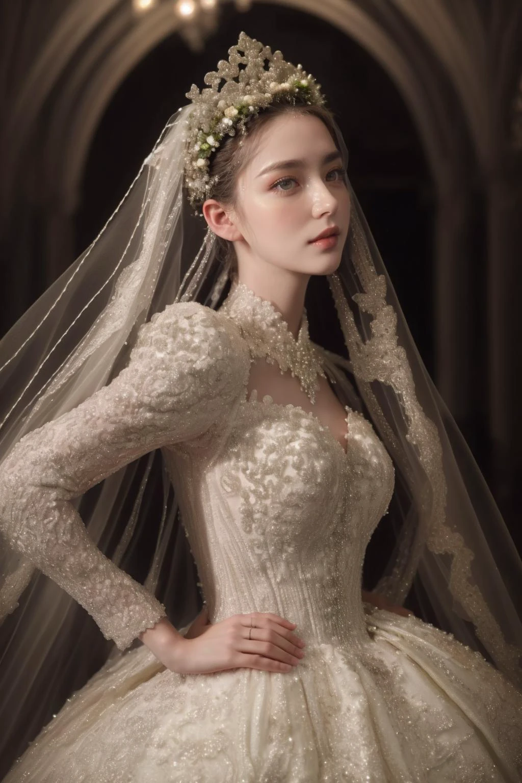 1girl,solo,medium breasts,outdoors,<lora:GoodHands-beta2:1>,standing,(full body:1.3),<lora:0257 castle style wedding dress_v2:0.9>,ruanyi0257,bridal veil,lace-trimmed dress,wedding dress,white dress,bride,, detailed eyes, (detailed face), (portrait), (head tilt up),
(((Call of Beauty, marvellous art,
wonderful colours))) ,((natural lighting)), ((splendid scene)) ,(((realistic))) , (masterpiece, best quality), intricate details, realistic, photorealistic, flawless structure, masterpiece,, natural skin,detailed skin pores (long hair), oiled skin, subsurface scattering, shot with cinematic camera, soft lighting, high quality, best quality, masterpiece, best picture, lovely, stunning