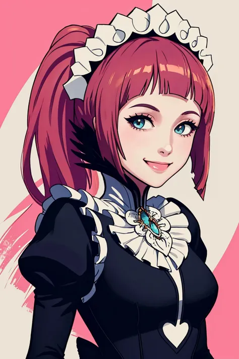 masterpiece, best quality, 1girl, solo, <lora:felicia-fe-richy-v1:1> feliciadef, smile, looking at viewer, upper body, maid, maid headdress, abstract background,