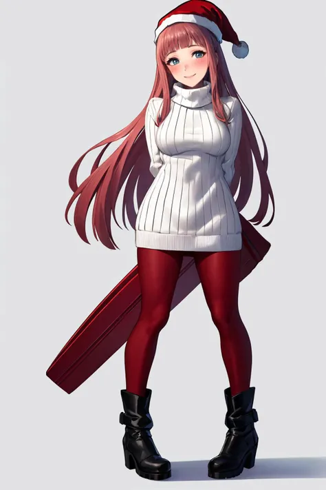 masterpiece, best quality, 1girl, solo, standing, <lora:felicia-fe-richy-v1:0.85> feliciadef, santa hat, white sweater, turtleneck, sweater dress, ribbed sweater, full body, sidelocks, blunt bangs, red pantyhose, simple background, white background, looking at viewer, smile, blush, boots, arms behind back