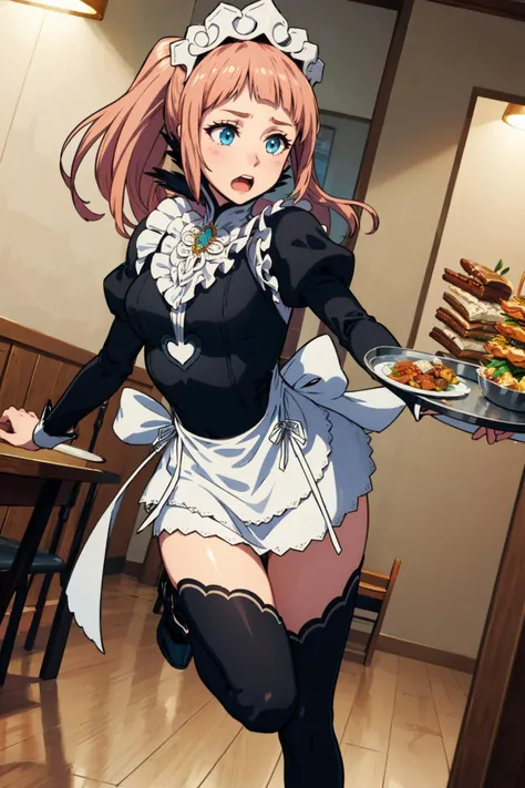 masterpiece, best quality, feliciadef, maid, maid headdress, black thighhighs<lora:felicia-fe-richy-v1:1> stumbling, falling, dutch angle, running, tripping, tray, food, beverages, indoors, surprised