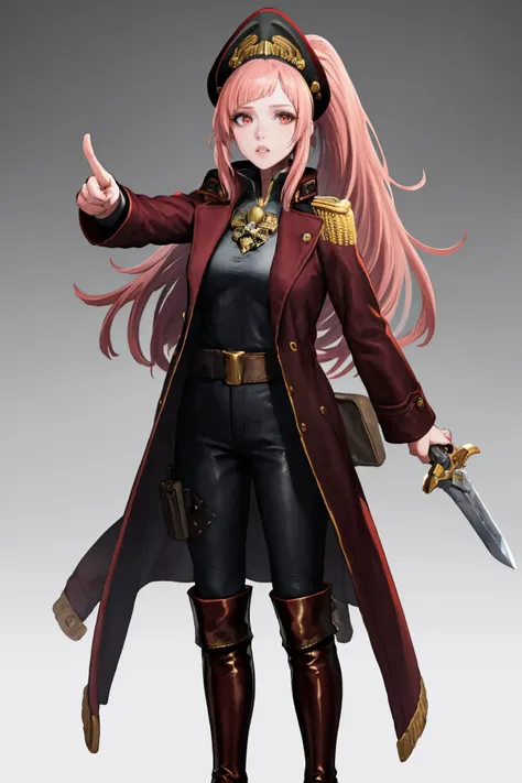 masterpiece, best quality, 1girl, solo, <lora:edgWar40kCommissarv1:1> edgCommissar, millitary uniform, artificial eye, epaulettes, skull emblem, hat, wearing edgCommissar, full body, parted lips, looking at viewer, standing, pointing at viewer, sword, red eyes, <lora:felicia-fe-richy-v1:1> feliciarnd, ponytail, black coat, knee boots