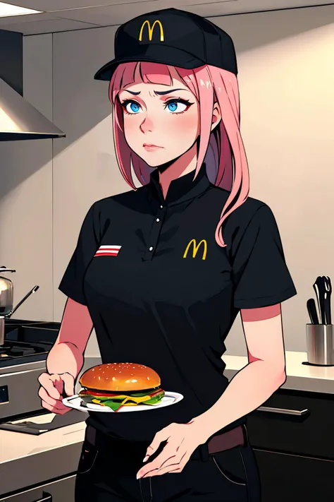 Highly detailed, High Quality, Masterpiece, beautiful, 1girl, solo, feliciarnd, <lora:Char_FireEmblem_Felicia:0.9>, McDonaldsUniform, shirt, black shirt, uniform, black pants, pants, cap, <lora:Outfit_McDonaldsUniformBlack:0.8>, pink hair, serving, burger, kitchen, annoyed, pan, holding, holding pan