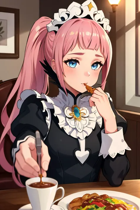 Highly detailed, High Quality, Masterpiece, beautiful, 1girl, solo, feliciadef, maid, maid headdress, <lora:Char_FireEmblem_Felicia:0.9>, food, simple background, elbows on table, cup, blurry background, indoors, upper body, <lora:Pos_AcrossTable:1>