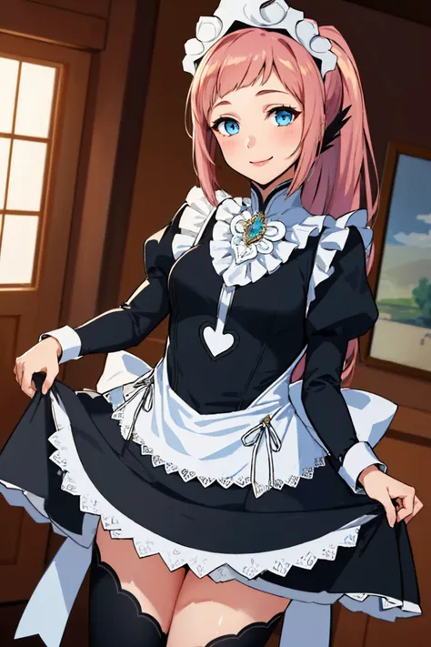 (masterpiece, best quality:1.2), solo, 1girl, feliciadef, smile, looking at viewer, dress lift, maid, maid headdress, black thighhighs <lora:felicia-fe-richy-v1:1.0>