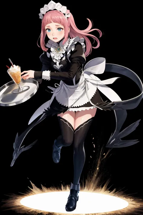 masterpiece, best quality, 1girl, solo, <lora:felicia-fe-richy-v1:1> feliciadef, maid, maid headdress, black thighhighs, <lora:FEH_Concept_v2:1> tray, holding tray, spill, spilling, tripping, stumbling, falling, black background, simple background, full body, zettai ryouiki