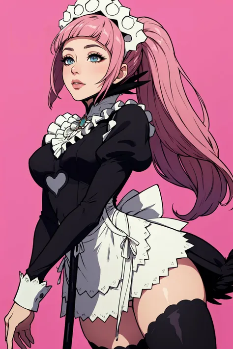 masterpiece, best quality, performance, <lora:felicia-fe-richy-v1:1> feliciadef, maid, maid headdress, black thighhighs, pink hair abstract background