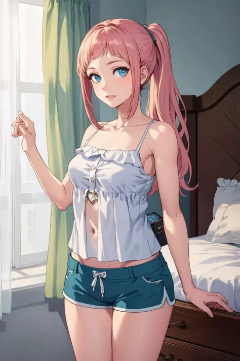 absurd, High resolution, (anime style:1.1), ((table top)), ((highest quality)), (super detailed)、masterpiece、Transparent white cloth、fairy clothes、Translucent white camisole、(Culotte shorts with translucent hem、Culotte shorts with transparent hem)、gold ornaments、、、cute girl、long hair、hair ornaments