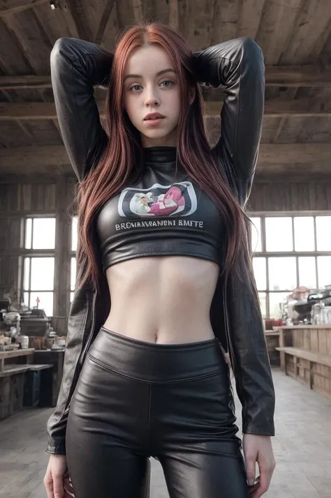 tv_Rosie_Day_A, model pose, frightened expression, ((wearing long leather pants and a band t-shirt)),full body shot, High Noon, in a farm shop, (((relaxed))), "epic-Ultra-HD-details", "epic-Ultra-HD-highlights", PA7_Human-Likeness