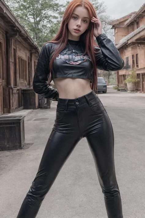 tv_Rosie_Day_A, model pose, sad expression, ((wearing long leather pants and a band t-shirt)),full body shot, Blue Hour, at a luxurious resort, (((relaxed))), "epic-Ultra-HD-details", "epic-Ultra-HD-highlights", PA7_Human-Likeness