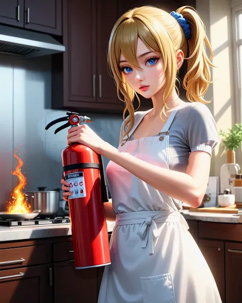 (masterpiece:1.2, best quality:1.1, highres,absurdres, high quality),(photorealistic:1.1),reflected light, colorful,ultra-detailed,8k, ultra hd, super detailed,
(hayasaka ai), blonde hair,light blue eyes,  one blue scrunchie, kitchen,  white apron,  (food is burning), hold fire extinguisher,  cowboy shot, girl trying to put out the fire,from side
  <lora:Hayasaka_Ai:0.9>