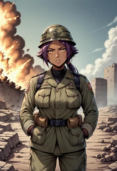 score_9, score_8_up, score_7_up, source_anime, 1girl, solo, looking at viewer, yoruichi, long hair, large breasts, ponytail, purple hair, dark skin, dark-skinned female, soldier, military, long sleeves, military uniform, camouflage, combat helmet, helmet, body armor, war, outdoors, world war ii, hands in pockets, head tilt, gloves, cloudy sky, battlefield, battle, destruction, (rubble:0.9), explosion, smoke, yellow eyes, serious, parted lips