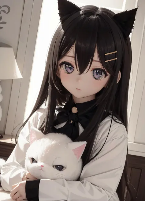(Photo:1.3), realist, dollfiedream, 1girl, long hair, looking at viewer, empty eyes, shirt, black hair, hair ornament, long sleeves, holding, hair between eyes, upper body, hairclip, sleeves past wrists, ((stuffed toy, cat, stuffed animal, stuffed cat)), <lora:DollfieDream-09:0.8>, (masterpiece, best quality, absurdres, detailed, ultra-detailed:1.3)