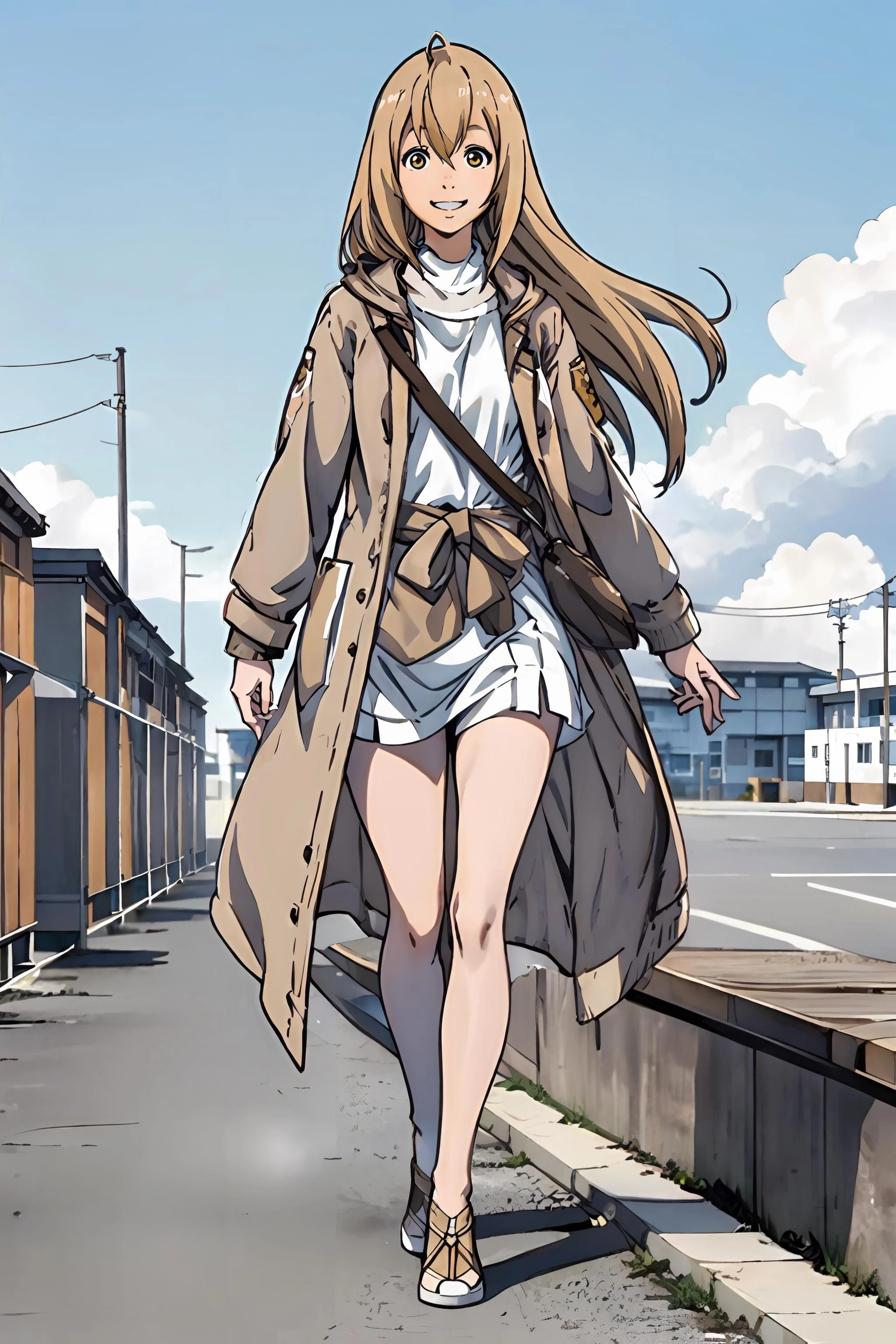 ichijo hana, 1girl, solo, blonde_hair, brown coat, white shirt, full body, cute, long hair, outdoor, sunny, cloud, smile, <lora:ichijo_hana:0.8>