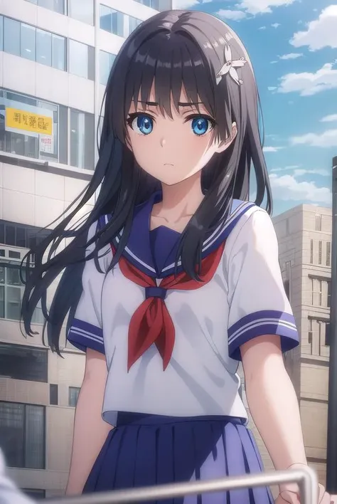 satenruiko, <lora:ruiko saten s3-lora-nochekaiser:1>, 
saten ruiko, black hair, blue eyes, long hair, hair ornament, flower ornament,
BREAK blue skirt, pleated skirt, sakugawa school uniform, school uniform, serafuku, skirt, summer uniform,
BREAK outdoor, city, sky, sun, clouds,
BREAK looking at viewer, (cowboy shot:1.5),
BREAK <lyco:GoodHands-beta2:1>, (masterpiece:1.2), best quality, high resolution, unity 8k wallpaper, (illustration:0.8), (beautiful detailed eyes:1.6), extremely detailed face, perfect lighting, extremely detailed CG, (perfect hands, perfect anatomy),