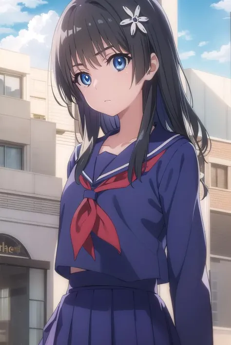 satenruiko, <lora:ruiko saten s3-lora-nochekaiser:1>,
saten ruiko, black hair, blue eyes, long hair, hair ornament, flower ornament,
BREAK blue skirt, pleated skirt, sakugawa school uniform, school uniform, serafuku, skirt, summer uniform,
BREAK outdoor, city, sky, sun, clouds,
BREAK looking at viewer, (cowboy shot:1.5),
BREAK <lyco:GoodHands-beta2:1>, (masterpiece:1.2), best quality, high resolution, unity 8k wallpaper, (illustration:0.8), (beautiful detailed eyes:1.6), extremely detailed face, perfect lighting, extremely detailed CG, (perfect hands, perfect anatomy),