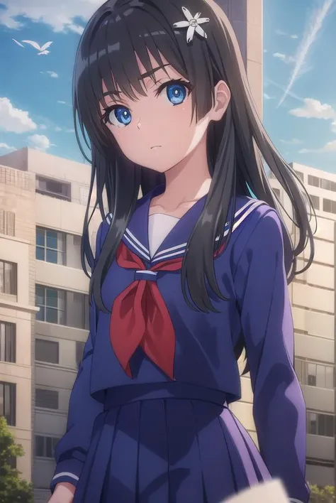 satenruiko, <lora:ruiko saten s3-lora-nochekaiser:1>,
saten ruiko, black hair, blue eyes, long hair, hair ornament, flower ornament,
BREAK blue skirt, pleated skirt, sakugawa school uniform, school uniform, serafuku, skirt, summer uniform,
BREAK outdoor, city, sky, sun, clouds,
BREAK looking at viewer, (cowboy shot:1.5),
BREAK <lyco:GoodHands-beta2:1>, (masterpiece:1.2), best quality, high resolution, unity 8k wallpaper, (illustration:0.8), (beautiful detailed eyes:1.6), extremely detailed face, perfect lighting, extremely detailed CG, (perfect hands, perfect anatomy),