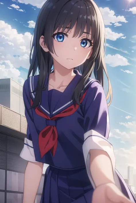 satenruiko, <lora:ruiko saten s3-lora-nochekaiser:1>,
saten ruiko, black hair, blue eyes, long hair, hair ornament, flower ornament,
BREAK blue skirt, pleated skirt, sakugawa school uniform, school uniform, serafuku, skirt, summer uniform,
BREAK outdoor, city, sky, sun, clouds,
BREAK looking at viewer, (cowboy shot:1.5),
BREAK <lyco:GoodHands-beta2:1>, (masterpiece:1.2), best quality, high resolution, unity 8k wallpaper, (illustration:0.8), (beautiful detailed eyes:1.6), extremely detailed face, perfect lighting, extremely detailed CG, (perfect hands, perfect anatomy),