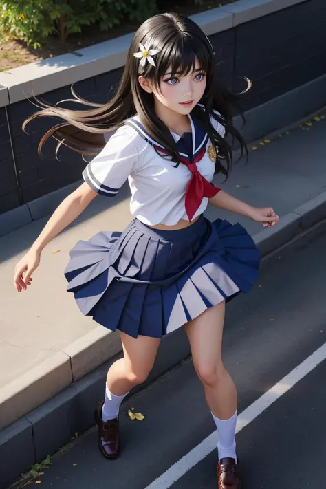 professional photo of saten ruiko, black hair, blue eyes, long hair, hair ornament, flower ornament, blue skirt, pleated skirt, sakugawa school uniform, school uniform, serafuku, skirt, summer uniform,
detailed skin, detailed eyes, dynamic angle, full body,
volumetric light, highrez, masterpiece, best quality,
<lora:satenruikotest:0.85:MIDD>