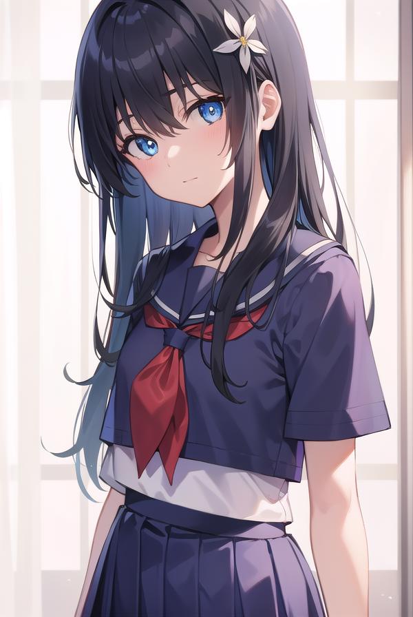 Anime girl with long black hair and blue eyes in a school uniform ...