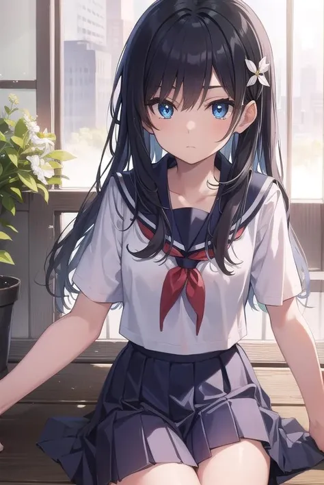 satenruiko, <lora:satenruikotest:1>, saten ruiko, black hair, blue eyes, long hair, hair ornament, flower ornament, (flat chest:1.2),
BREAK blue skirt, pleated skirt, sakugawa school uniform, school uniform, serafuku, skirt, summer uniform,
BREAK looking at viewer,
BREAK city,
BREAK <lora:GoodHands-vanilla:1>, (masterpiece:1.2), best quality, high resolution, unity 8k wallpaper, (illustration:0.8), (beautiful detailed eyes:1.6), extremely detailed face, perfect lighting, extremely detailed CG, (perfect hands, perfect anatomy),