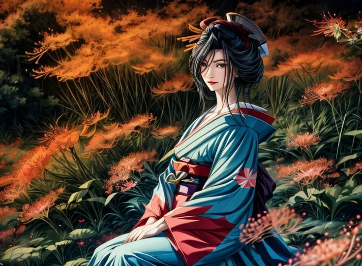 <lora:HoneOnnaV1:1> honeonna, night, moon, outdoors, moody lighting, perfect detailed face,<lora:add_detail:1>, <lora:more_details:0.5>, <lora:manjusaka:1>, (manjusaka), sitting, (spider lily field:1.3), (masterpiece:1.2), (highest quality), highres, (extremely detailed)