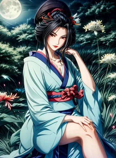 <lora:HoneOnnaV1:1> honeonna, night, moon, outdoors, moody lighting, perfect detailed face,<lora:add_detail:1>, <lora:more_details:0.5>, <lora:manjusaka:1>, (manjusaka), (sitting at spider lily field:1.2), (masterpiece:1.2), (highest quality), highres, (extremely detailed)