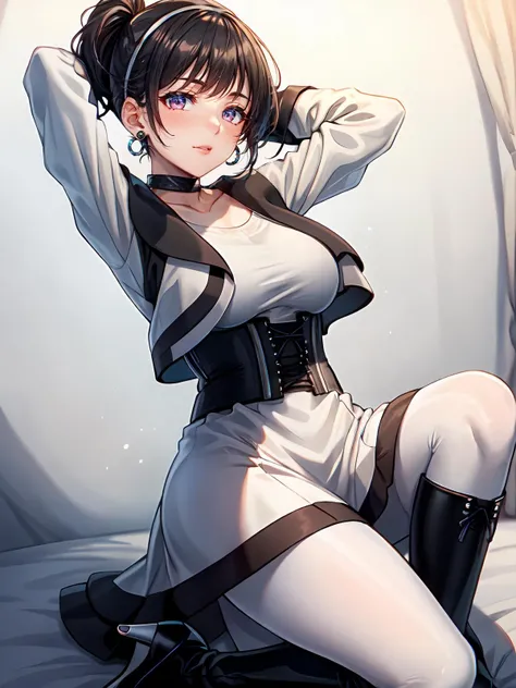 (a closeup、16 K、top-quality、high detailing、rich skin detail、nffsw)、Watch everywhere、obedience、a matural female、very Bigger breasts、Parted bangs、Business suits、OL、brown haired、short-hair、Forehead、blushed、Spreading legs、