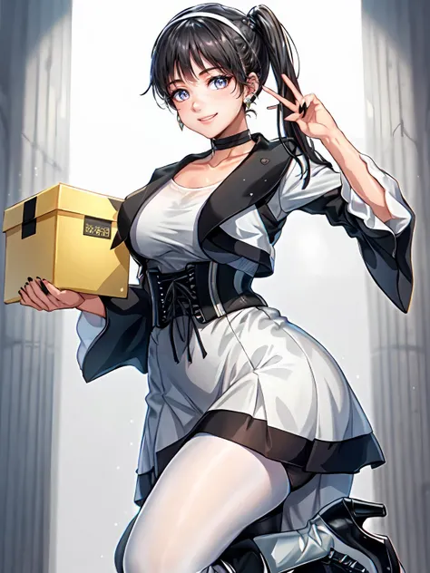(extremely detailed CG), (best quality), perfect face, shiny skin, lustrous skin,wide hips, 1girl,solo , <lora:TsumuriGeats-10:0.8> TsumuriGeats, Knee boots,hair behind ear,black nail, black belt,belt, corset ,high heels,black jacket ,wide sleeves, black choker,white dress,bangs,pantyhose,side ponytail,dress ,earrings, jewelry, hairband, choker, black hair