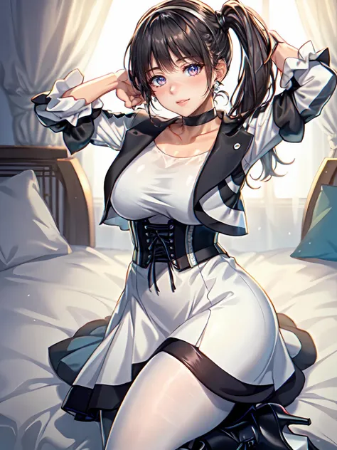 (extremely detailed CG), (best quality), perfect face, shiny skin, lustrous skin,wide hips, 1girl,solo , <lora:TsumuriGeats-10:0.7> TsumuriGeats, Knee boots,hair behind ear,black nail, black belt,belt, corset ,high heels,black jacket ,wide sleeves, black choker,white dress,bangs,pantyhose,side ponytail,dress ,earrings, jewelry, hairband, choker, black hair, lying on bed, arms over head, blushed,