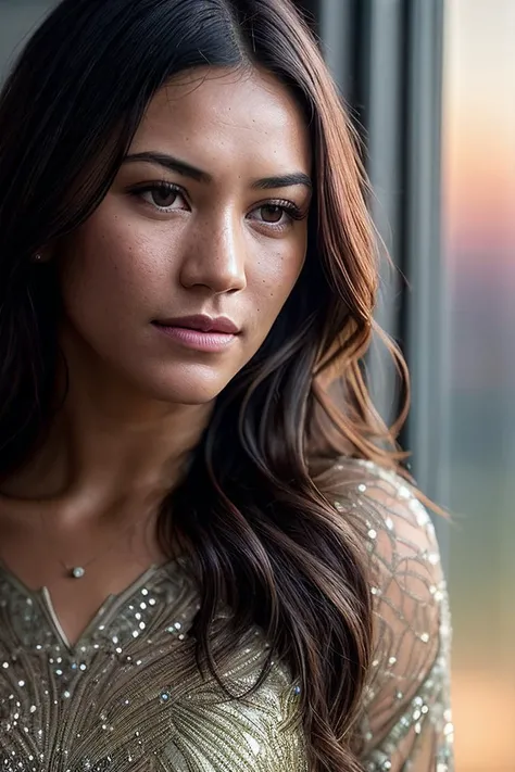 beautiful woman (Luc14n3Buch4n4n:.99), beautiful hair, ((portrait)), (closeup:1.2), ((from the waist up)), (( A place where the stars are made of glass and the moon is made of cheese, Intensity, Tetradic, sunrise/sunset, background light :1.2)) , natural skin texture, ((long sleeve top:1.4)), 24mm, 4k textures, soft cinematic light, adobe lightroom, photolab, hdr, intricate, elegant, highly detailed, sharp focus, ((((cinematic look)))), soothing tones, insane details, intricate details, hyperdetailed, low contrast, soft cinematic light, exposure blend, hdr, faded, now, ("I've got a bad feeling about this.":1.1)