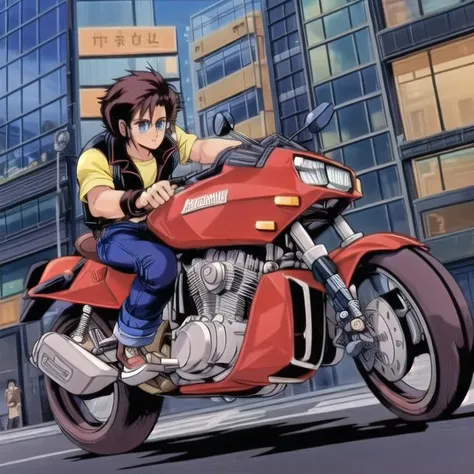 ultra-detailed,masterpiece,best quality,<lora:add_detail:1>,MZ1YahagiShogo,city,street,signal,building,1boy,diagonal front view, jeans,leather jacket,GarlandMC,ground vehicle, riding,<lora:MZ1YahagiShogo002:0.8>