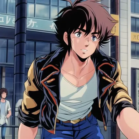 ultra-detailed,masterpiece,best quality,MZ1YahagiShogo,upper body,1boy,shy,street,inner shirt, jeans,leather jacket,city,<lora:MZ1YahagiShogo002:0.8> <lora:add_detail:1>